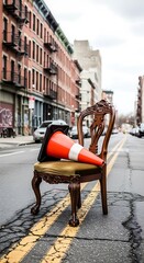 Urban Street Scene with Chair and Traffic Cone.