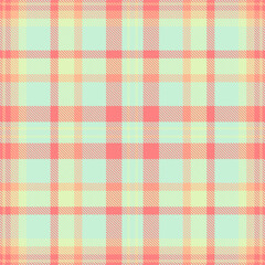 A vibrant, seamless plaid pattern. Retro aesthetic with intersecting stripes of teal, coral, and yellow. Ideal for backgrounds, textiles, and design elements.