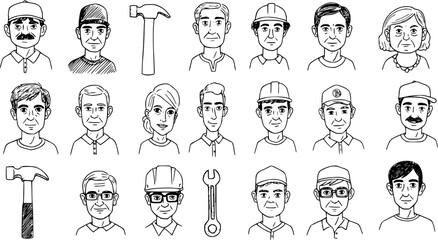 Hand-drawn doodle icons of diverse people including men and women of different ages, some with hats and tools like a hammer and wrench, black and white line art avatars.