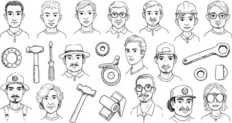 Hand-drawn collection of diverse male and female faces with various work tools, representing different professions and skilled labor.