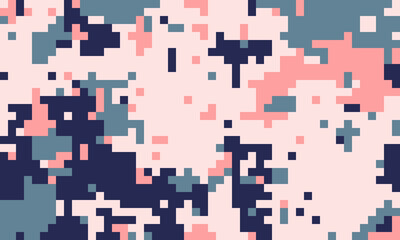 Abstract pixelated camouflage pattern in soft pink, teal, and navy blue.  Ideal for fashion, digital design, and modern backgrounds.