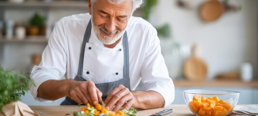 Senior man in chef uniform smiling while preparing fresh vegetable salad in cozy kitchen, focused on slicing with shears beside a bowl of chopped carrots, surrounded by soft light and homey atmosphere