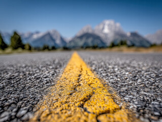Focused view of a cracked yellow centerline on an asphalt road leading towards blurred distant snowy mountains and forest under clear blue sky on a sunny day