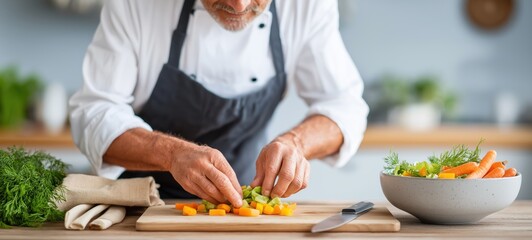 Senior man preparing fresh vegetable salad in a cozy kitchen, wearing a white chef’s jacket and dark apron, focused on slicing colorful ingredients with natural light highlighting his skilled hands