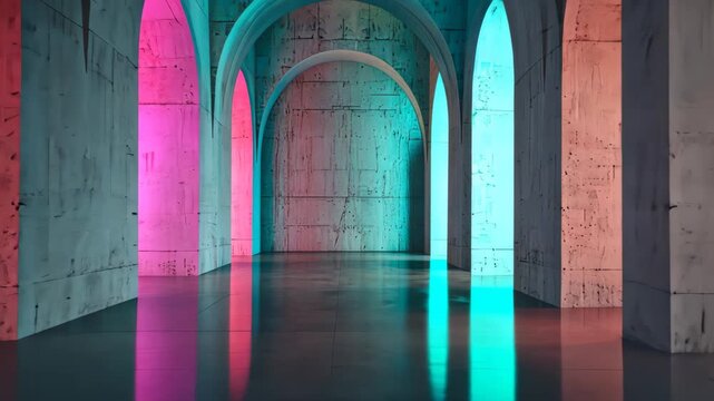 Arched Pathway of Color: An ethereal interior view showcasing an arch-filled corridor drenched in a mesmerizing interplay of lights, creating a captivating architectural spectacle.