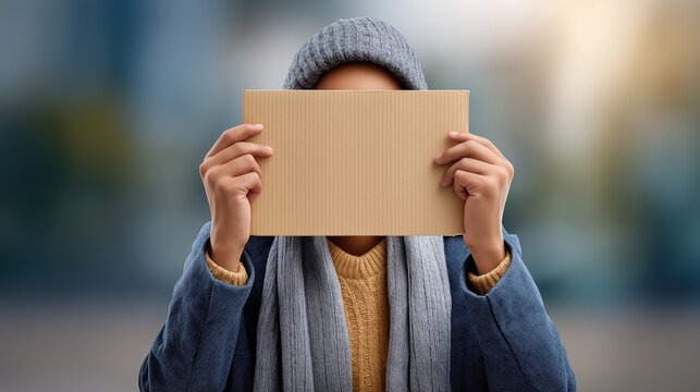 Person in winter clothing holding a blank cardboard sign in front of their face against a blurred urban background, symbolizing anonymity, poverty, and social invisibility
