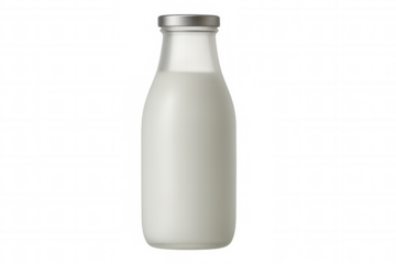 Glass bottle with milk, having a metal screw cap. Fresh dairy beverage packaging for healthy breakfast or food product