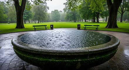 Rainy Day Park Fountain in Green Grass.