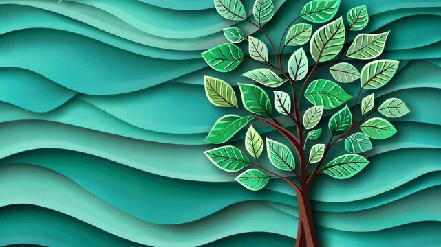 Abstract Tree of Life: A vibrant and detailed representation of a tree flourishing, symbolizing growth and renewal, set against an abstract backdrop of layered waves.