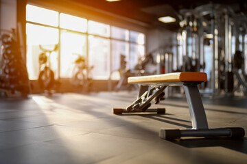 Empty workout bench in a spacious gym interior with sunlight streaming through large windows during early morning fitness hours