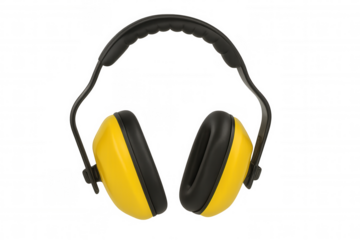 Yellow safety ear muffs protecting hearing, noise cancelling equipment for industrial work, transparent background