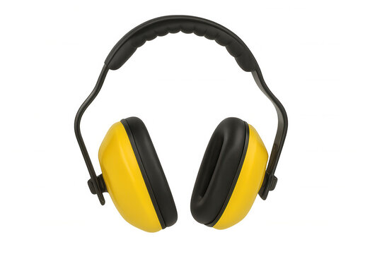 Yellow safety ear muffs protecting hearing, noise cancelling equipment for industrial work, transparent background