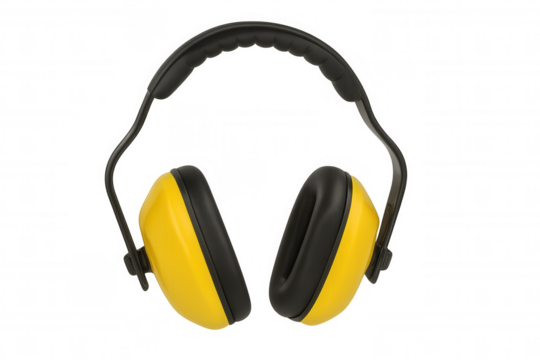 Yellow safety ear muffs protecting hearing, noise cancelling equipment for industrial work, transparent background