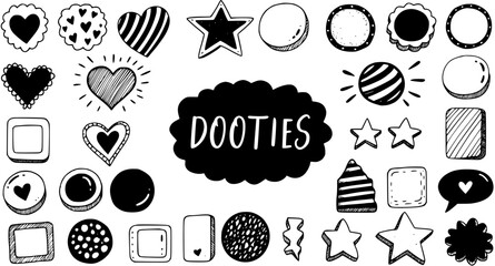 Fototapeta premium Hand-drawn Dooties Doodles: Cute Black White Collection of Hearts, Stars, Geometric Shapes, Frames, and Decorative Elements for Design Projects