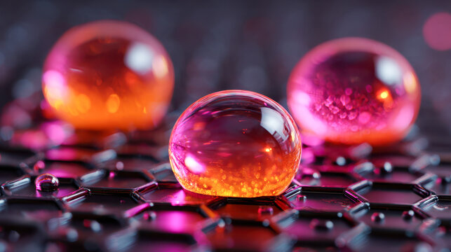 Vibrant pink and orange translucent spheres resting on a reflective hexagonal surface with intricate lighting and shimmering reflections in a futuristic abstract setting