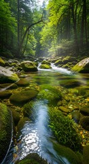 Obraz premium Sunlight streams through a lush green forest onto a clear, flowing mountain stream