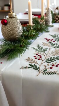Elegant holiday table setting with candles and ornaments for festive celebrations