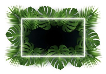 Glowing purple neon frame with tropical palm and monstera leaves. modern, futuristic design on dark background with copy space for summer party invitations, vibrant banners, exotic themes