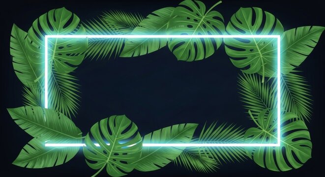 Glowing purple neon frame with tropical palm and monstera leaves. modern, futuristic design on dark background with copy space for summer party invitations, vibrant banners, exotic themes - Powered by Adobe