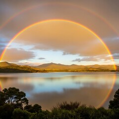 Serene Rainbow Over Calm Lake Landscape.