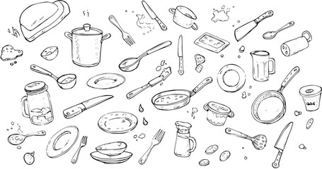 Kitchen Utensils Doodle: Hand-Drawn Cooking Tools, Seamless Pattern Illustration