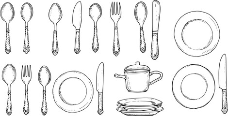 Hand-Drawn Tableware Collection: Elegant Cutlery, Plates  Cooking Pot Illustrations