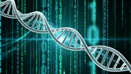 Double Helix DNA Structure Over Binary Code Background with Teal and White Color Scheme - Powered by Adobe