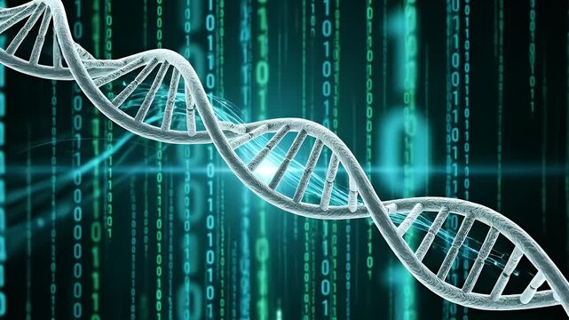 Double Helix DNA Structure Over Binary Code Background with Teal and White Color Scheme - Powered by Adobe
