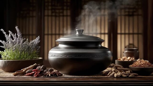 Traditional Chinese Medicine Decoction Simmering in Sand Pot