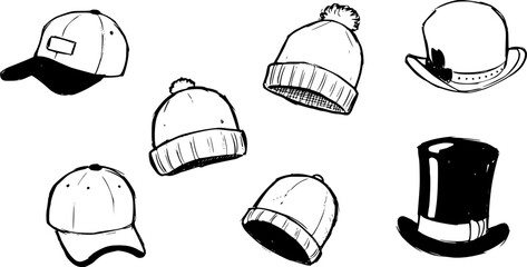Hand-drawn vector sketch collection of various hats: baseball caps, cozy beanies, classic bowler, and elegant top hat on white background.