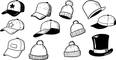 Hand drawn doodle sketch set of various hats, including baseball caps, beanies, a bowler, and a top hat, in black and white line art style.