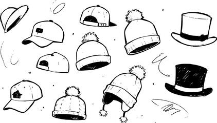 Hand Drawn Hats Collection: Sketchy Black  White Illustrations of Various Headwear like Baseball Caps, Pom-pom Beanies, Top Hats, and Fedora Style Doodles
