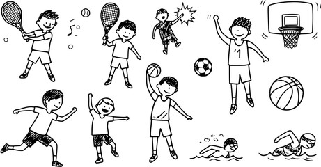Hand-drawn doodle style illustrations of active children playing various sports: tennis, basketball, soccer, running, and swimming, isolated on a white background, depicting healthy lifestyle.