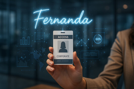 Fernanda's Digital Realm: A sleek corporate badge against a vibrant digital interface, highlighting an individual's professional identity and access.