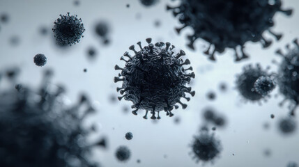 Black 3d rendering of virus particles floating in a soft gray background symbolizing microscopic pathogens and infection control concepts in medical research