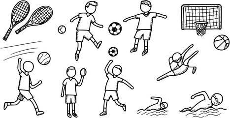 Hand-drawn doodle collection of various sports activities and equipment, including football, tennis, basketball, volleyball, swimming, and diving.