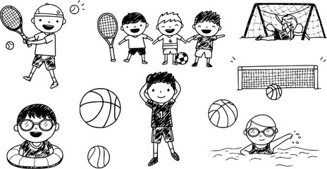 Black and white doodle illustration of happy children engaged in various sports activities including tennis, soccer, basketball, swimming, and water polo.