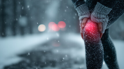 Woman holding her knee with red glow in a snowy outdoor environment