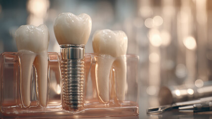 Dental implant model demonstrating the integration of a titanium screw with a ceramic crown among natural teeth for educational and professional use in dentistry