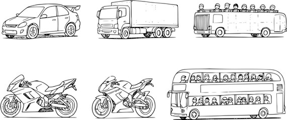 Hand-Drawn Vehicles: Car, Truck, Open-Top Bus, Motorbikes  Double-Decker Bus with Passengers (Line Art)