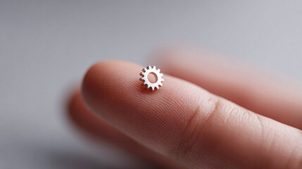 Precision macro shot featuring a tiny metal gear on a fingertip. Symbolizes details, engineering, complexity, or the importance of small parts. Ideal for tech, industry, or problemsolving concepts.