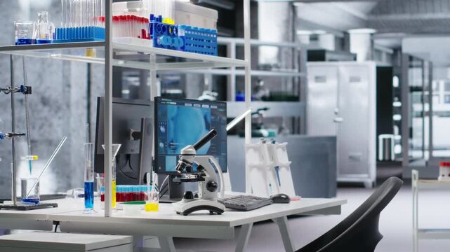 Computer used for molecular results in empty laboratory space, scientific tools and research equipment for microbiology and biotechnology experiments. Advanced clinical testing in biolab.