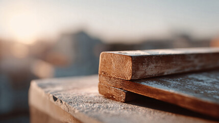 Closeup of stacked wooden planks, dusted with frost. Warm, soft light. Represents construction, craft, winter, or rustic themes. Perfect for backgrounds or symbolic imagery.