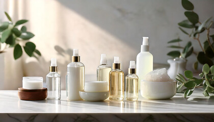 Elegant skincare products arranged on a marble surface, bathed in soft sunlight.  Minimalist aesthetic with greenery accents. Perfect for beauty blogs, advertisements, or product packaging.