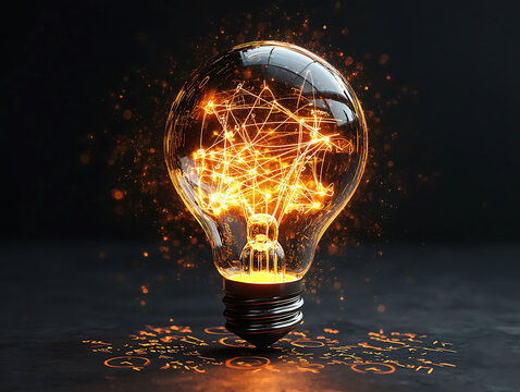Glowing lightbulb with interconnected energy streams, set against a dark background scattered with formulas.  Perfect for concepts of innovation, ideas, creativity, and problemsolving.