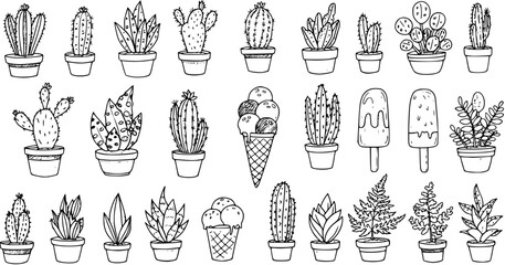 Hand-Drawn Cactus and Succulent Collection: Unique Ice Cream Element Included