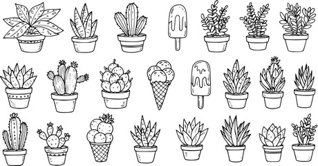 Doodle Set with Potted Plants, Cacti, Succulents and Ice Cream, Hand Drawn Black and White Illustration