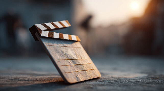 Capture the essence of cinema A clapboard rests on a surface, bathed in golden light. Perfect for illustrating filmmaking, creativity, and the magic of storytelling.
