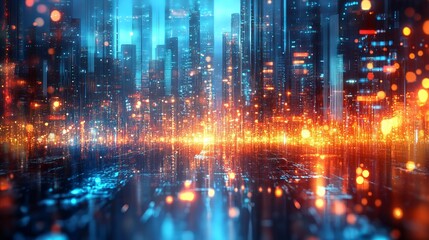 Bright cityscape featuring orange and blue neon lights illuminates the futuristic urban environment at night.