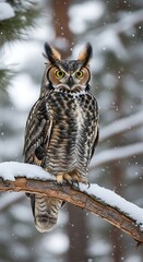 Great Horned Owl Perched on Snowy Branch.